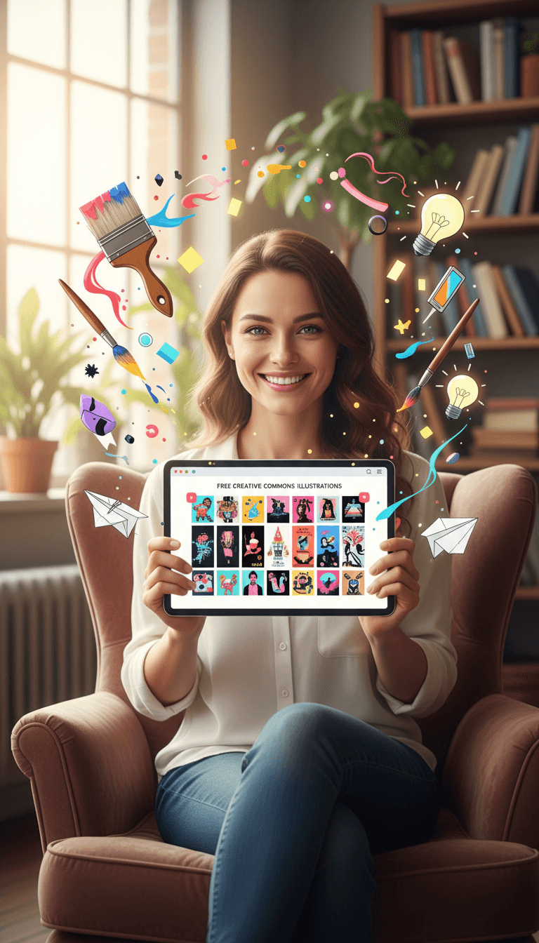 무료 일러스트 웹사이트를 태블릿으로 검색하는 사람.