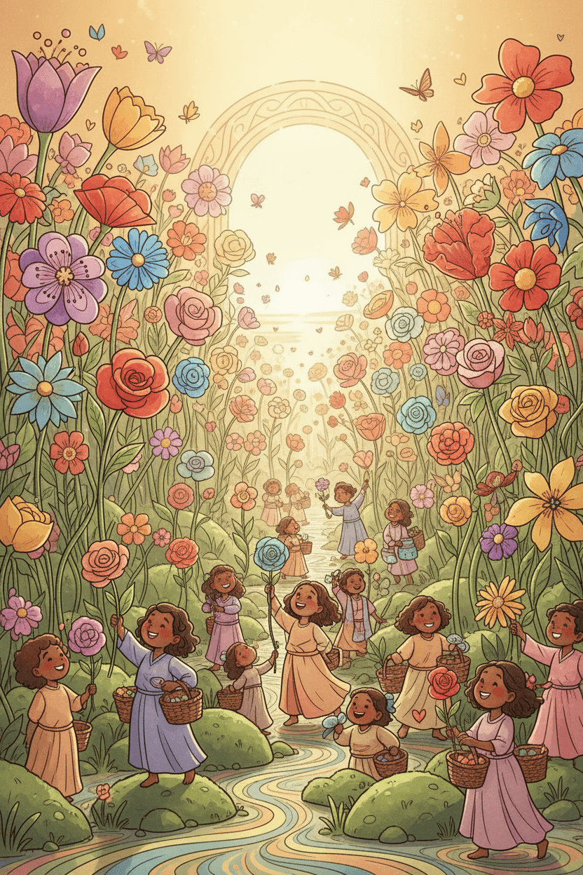 각 꽃이 독특한 무료 일러스트인 생기 넘치는 정원에서 사람들이 필요한 것을 신중하게 선택하는 모습.