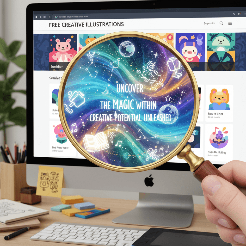 웹사이트 페이지에 돋보기가 놓여 있으며, 표시된 무료 일러스트레이션 뒤에 숨겨진 마법과 영감을 드러내는 모습.