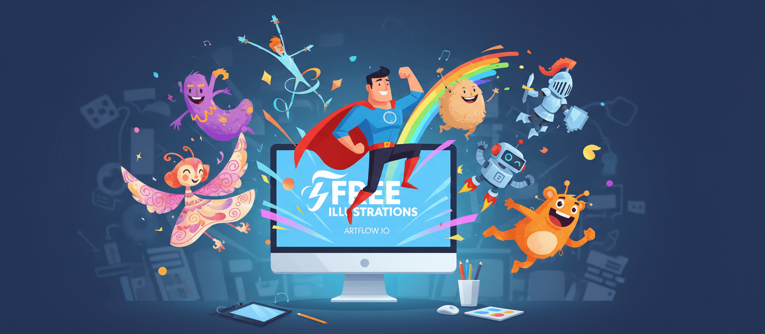 다양한 스타일의 장난기 많은 만화 캐릭터들이 무료 일러스트 웹사이트 화면에서 뛰쳐나옵니다.