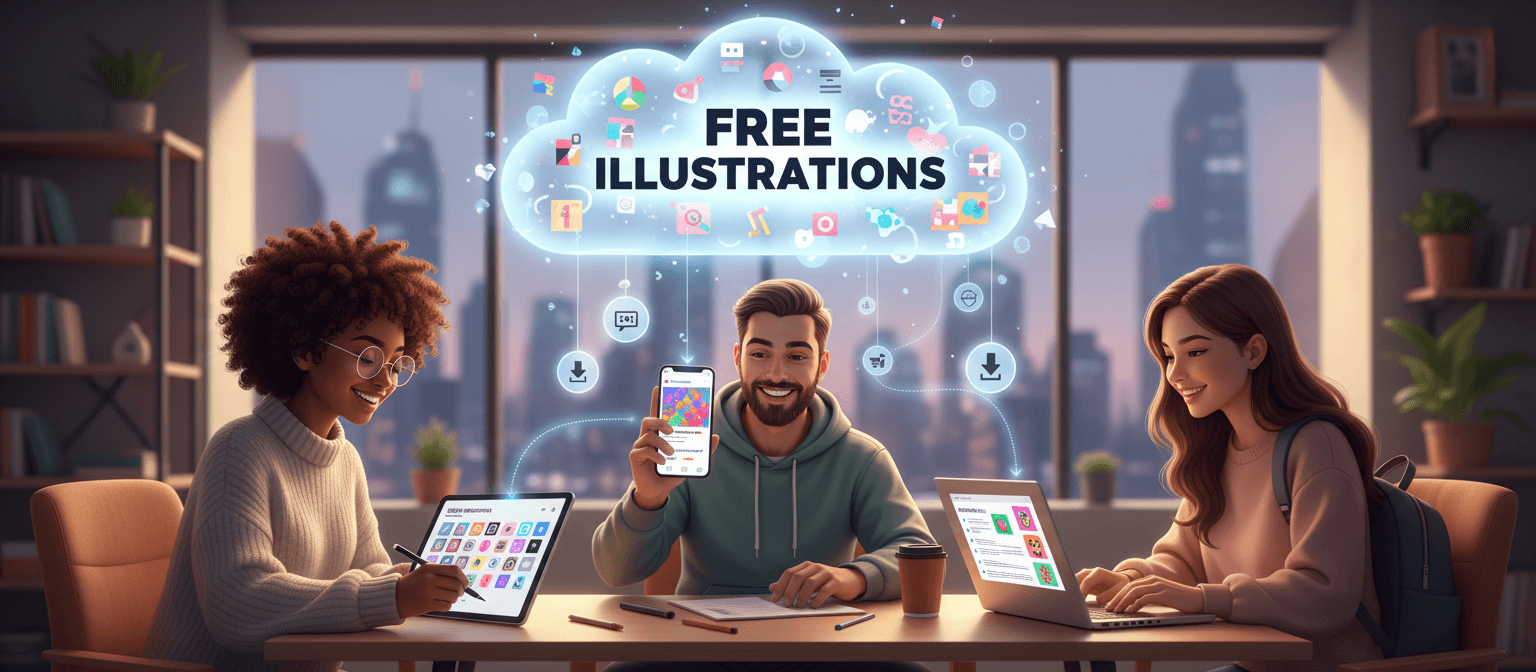 "무료 일러스트" 클라우드에서 일러스트를 다운로드하는 다양한 사람들.
