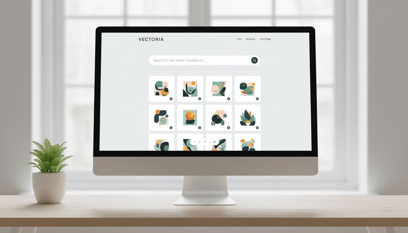 검색 바와 고품질 무료 벡터 일러스트레이션 갤러리가 있는 깨끗하고 미니멀한 웹사이트 레이아웃.