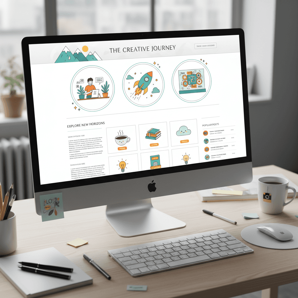 블로그를 위해 무료 벡터 일러스트로 채워진 아름다운 웹사이트 레이아웃.