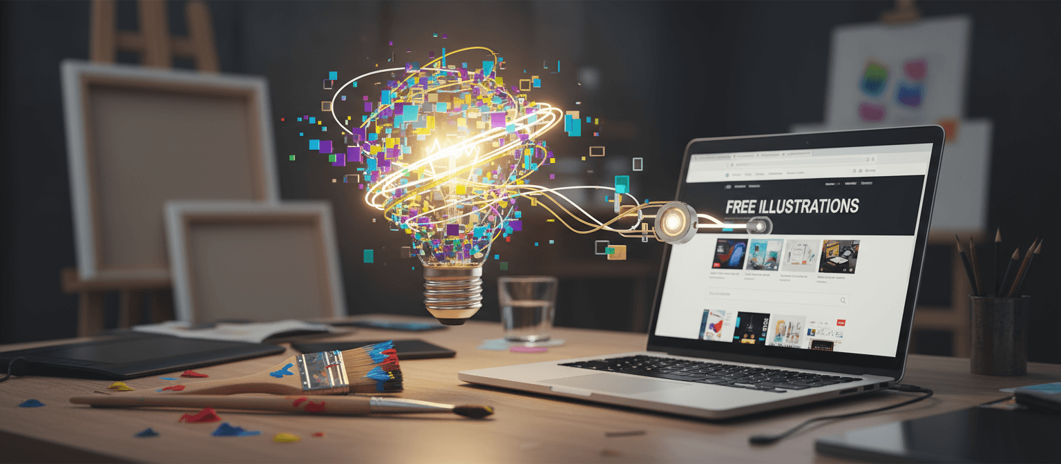 예술 요소로 만들어진 전구가 노트북에 무료 일러스트 웹사이트를 비추는 모습.