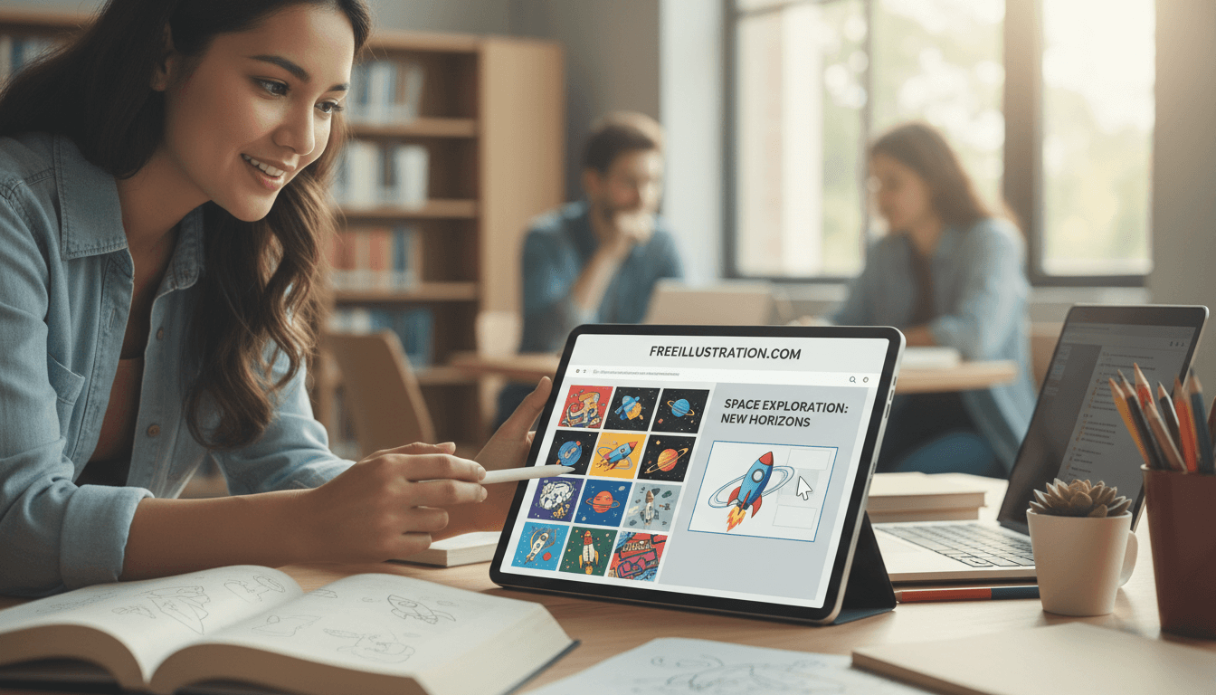 학생이 프로젝트를 위해 태블릿으로 무료 일러스트 웹사이트를 사용하는 모습, 학습을 상징.
