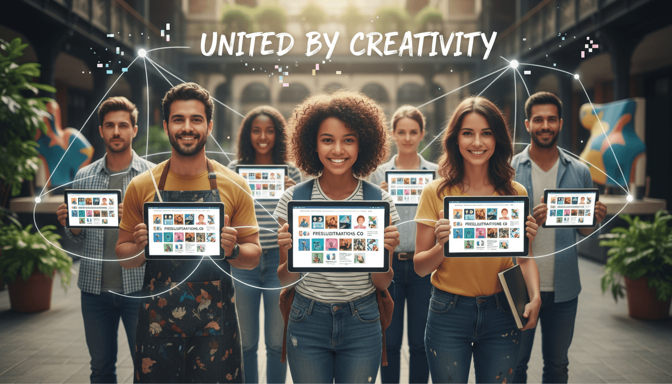 창의력으로 단결된 다양한 사람들이 기기에서 무료 일러스트 웹사이트를 보여주는 모습.