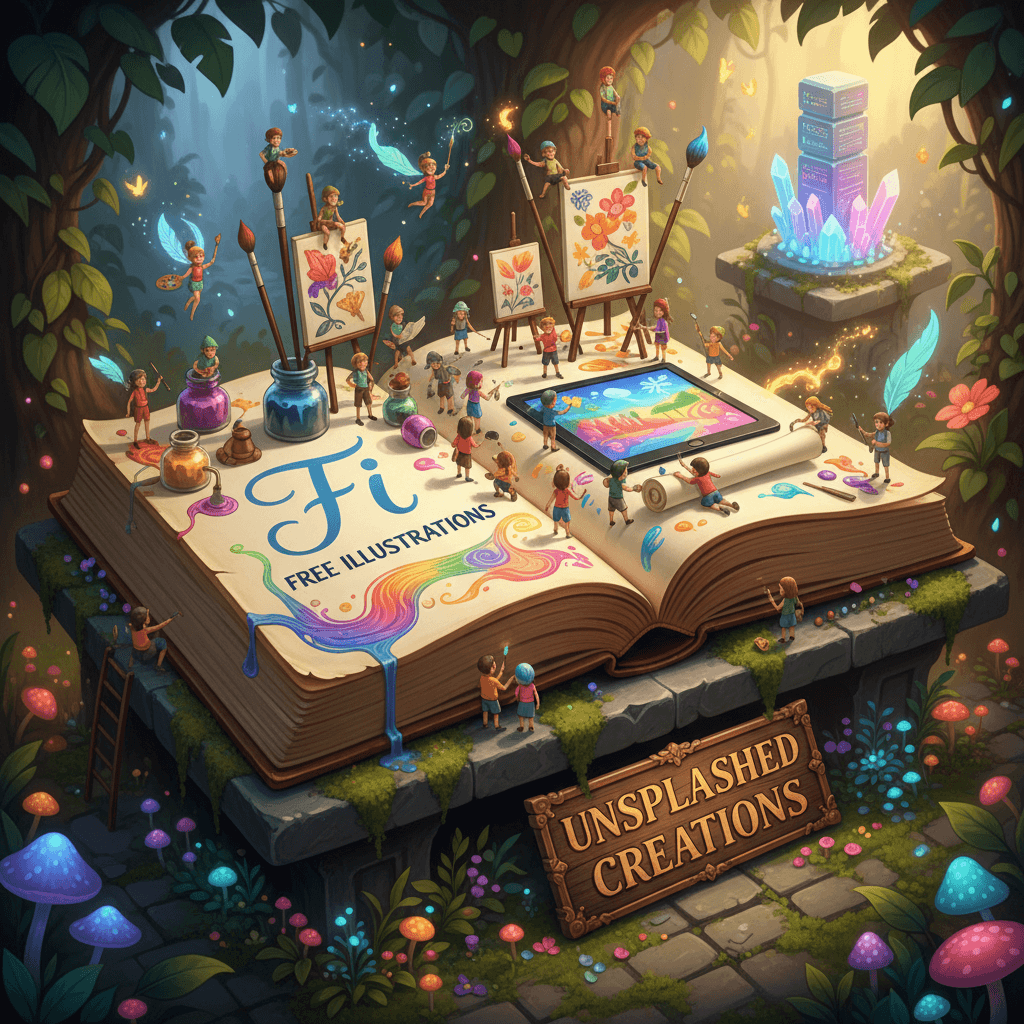 거대한 열린 책 위에서 예술을 창조하는 작은 캐릭터들(무료 일러스트 사이트 상징).