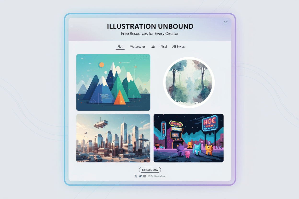 다양한 예술 스타일이 콜라주된 무료 일러스트 웹사이트 레이아웃.