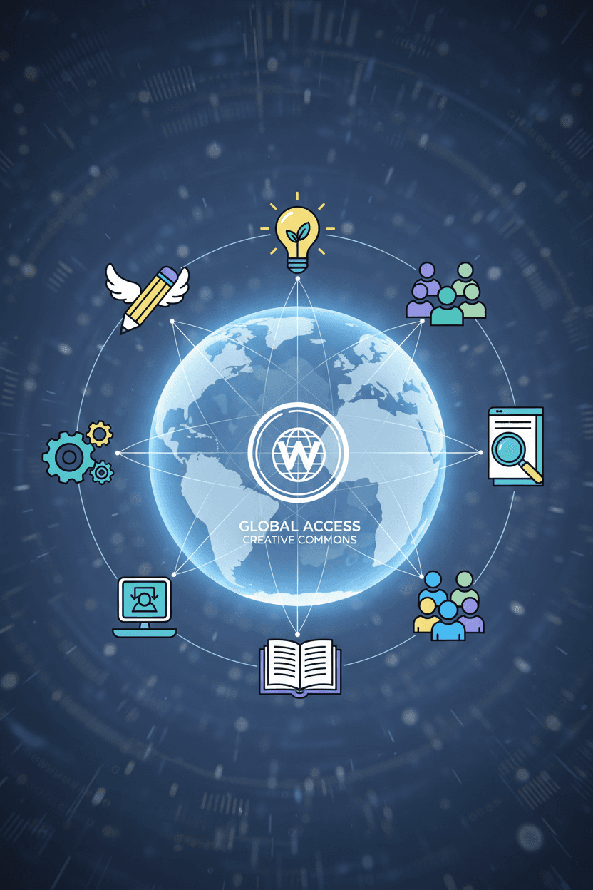 중앙 웹사이트 심볼과 연결된 다양한 무료 일러스트레이션으로 둘러싸인 지구본.