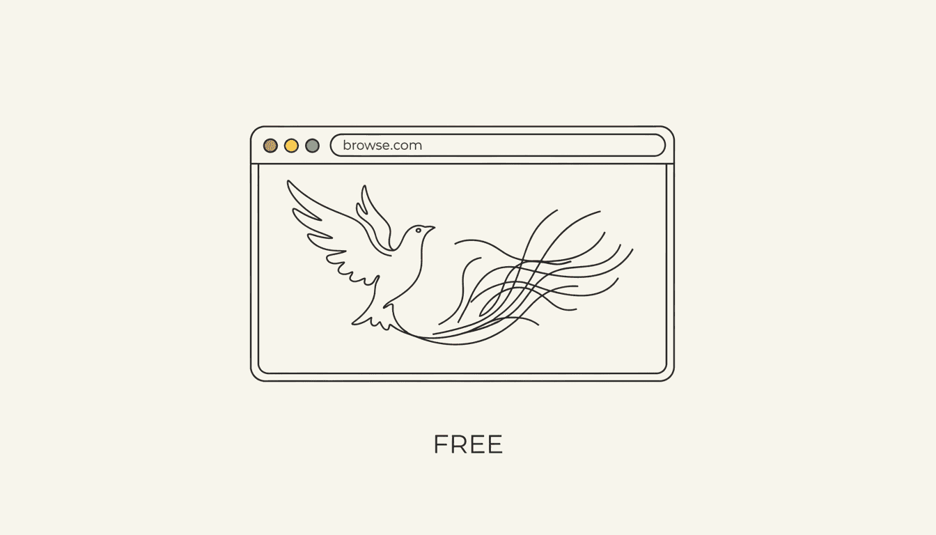 무료 아이콘과 추상 일러스트가 있는 브라우저 창의 미니멀리스트 선화.