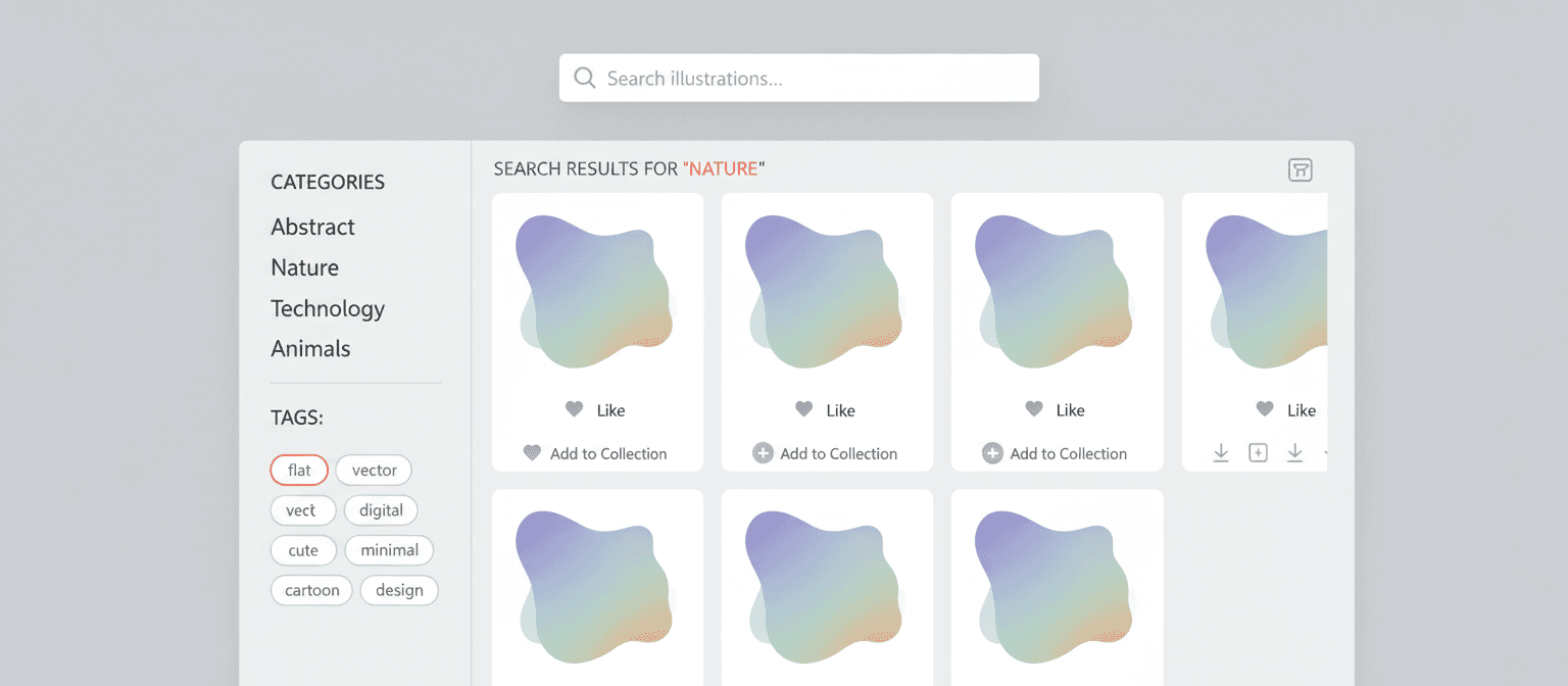 카테고리, 태그, 검색 결과 등 최신 무료 일러스트레이션 사이트의 UI 요소를 보여주는 미니멀한 그래픽.
