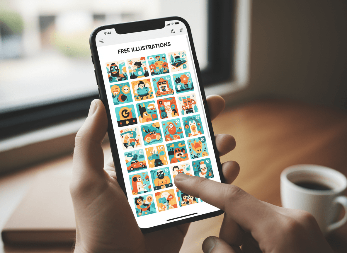 휴대폰으로 모바일 최적화된 무료 일러스트레이션 웹사이트를 스크롤하는 손.