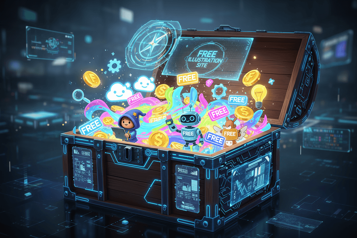 무료 디지털 자산으로 가득 찬 보물 상자, 무료 일러스트 사이트를 가리키는 나침반.