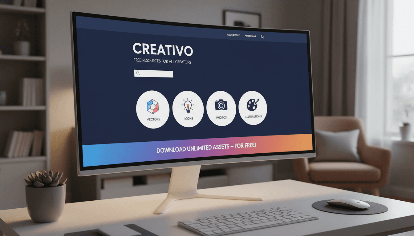 아름답게 디자인된 무료 일러스트 웹사이트를 보여주는 데스크탑 모니터.