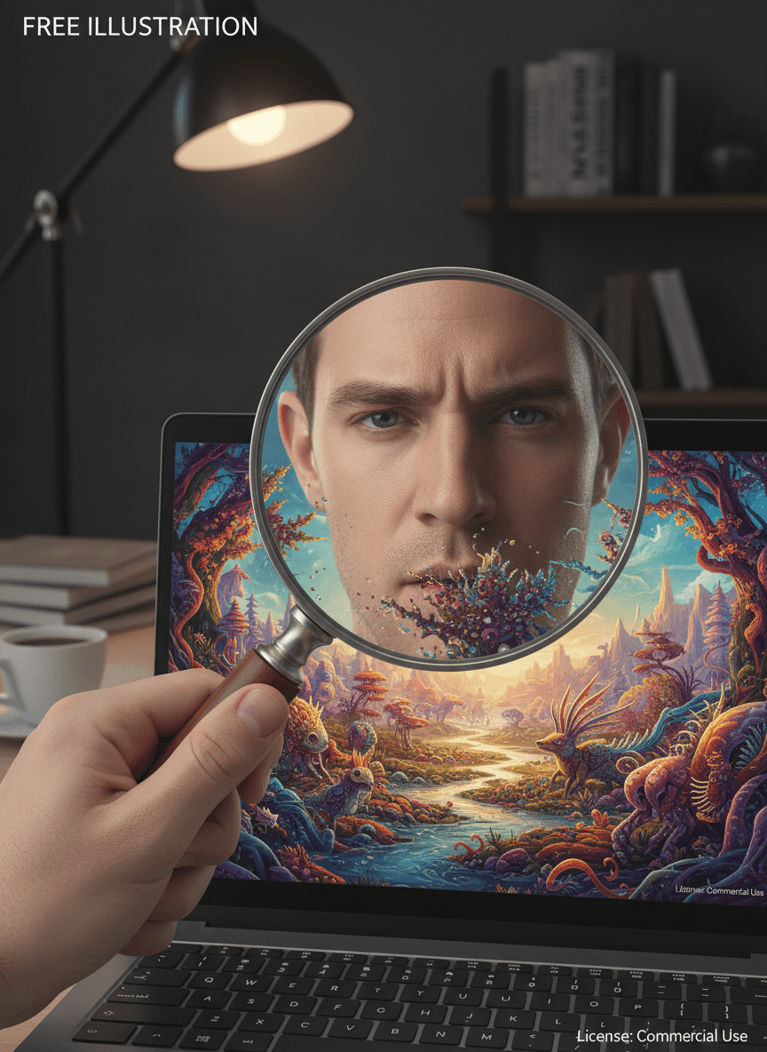랩톱 화면의 고품질 무료 일러스트레이션 세부 사항을 돋보기로 자세히 보는 사람.