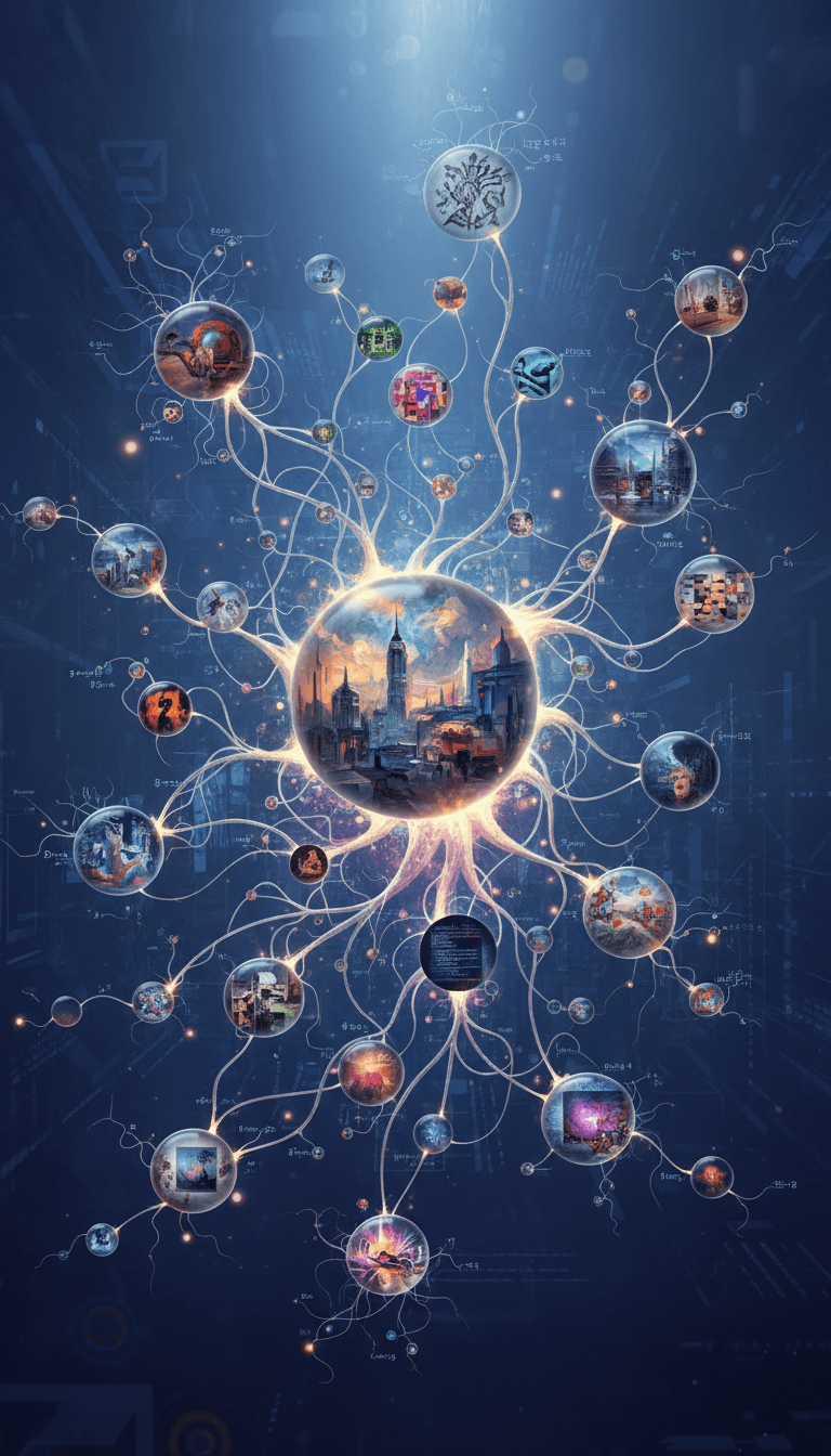 예술적인 이미지가 노드 내에서 나타나며 성장하고 진화하는 복잡한 네트워크 다이어그램, AI 학습을 보여줌.