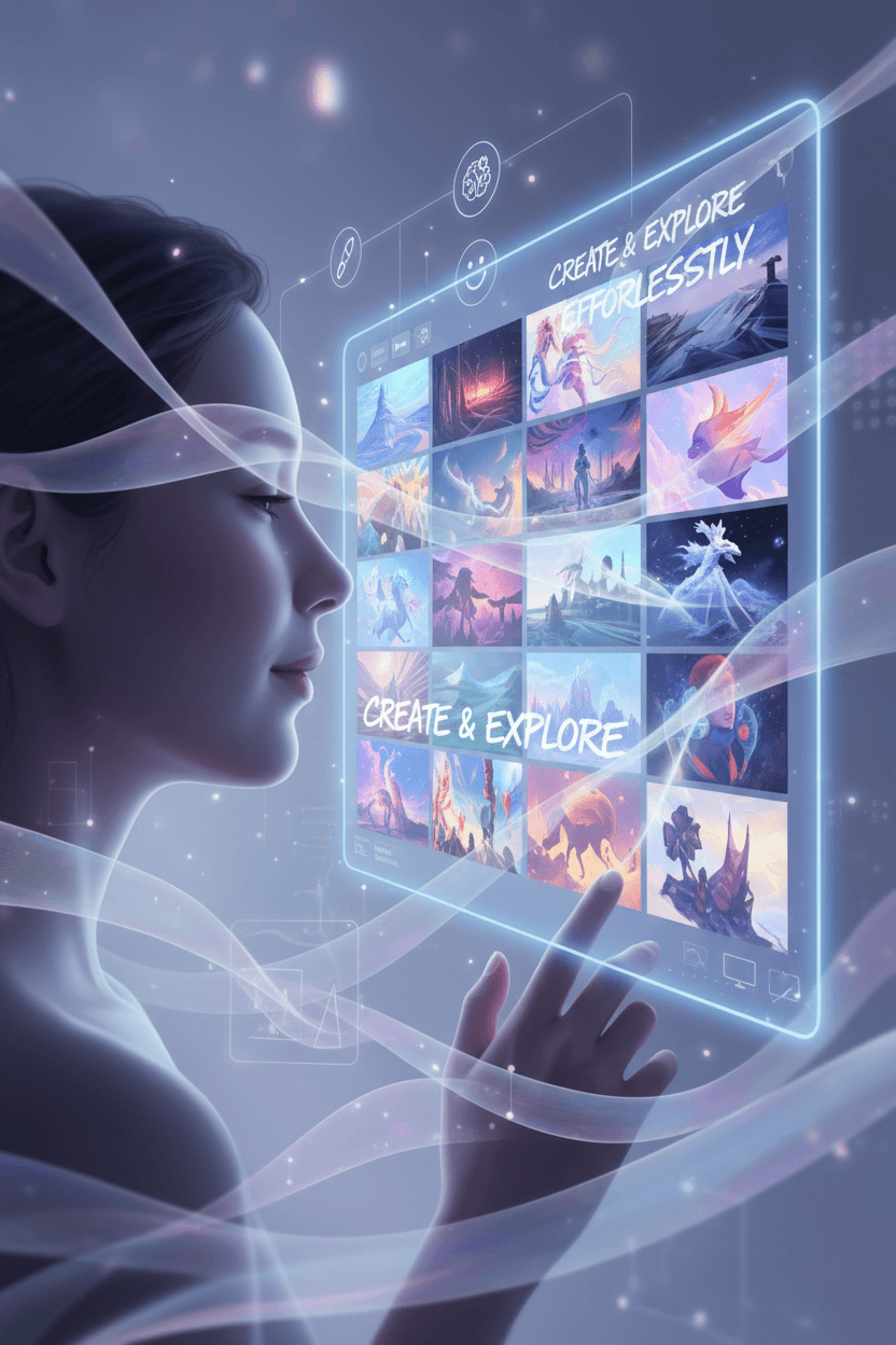 빛나는 화면으로 다양한 AI 생성 이미지를 보는 사람.