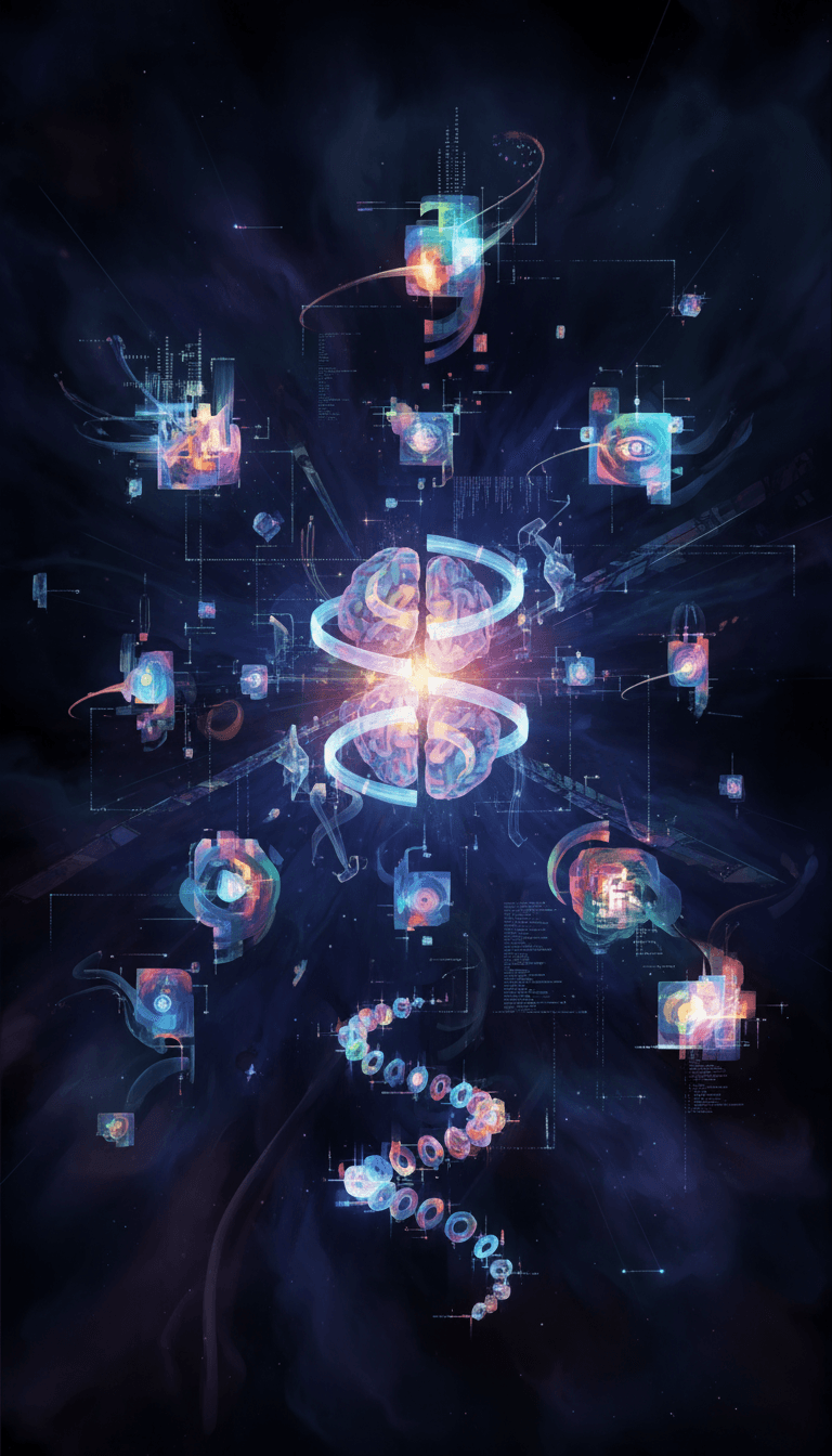 빛나는 떠다니는 요소로 분해된 디지털 그림.