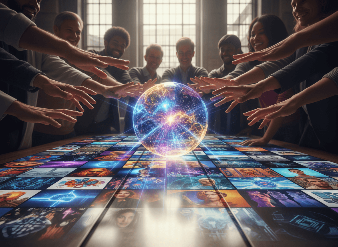 다양한 손들이 빛나는 구체로 향하며 다양한 AI 이미지를 투사, 포용성을 상징.