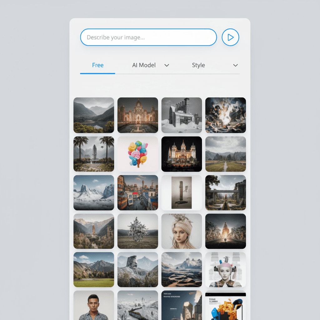 AI 이미지 생성기의 깔끔한 미니멀리스트 UI에 결과물이 표시됨.