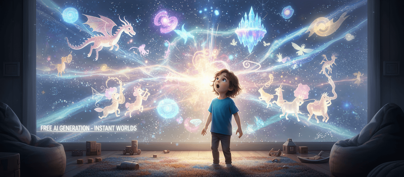 홀로그램 투영에서 마법처럼 나타나는 기발한 캐릭터들을 보는 아이, 무료 AI를 통해.