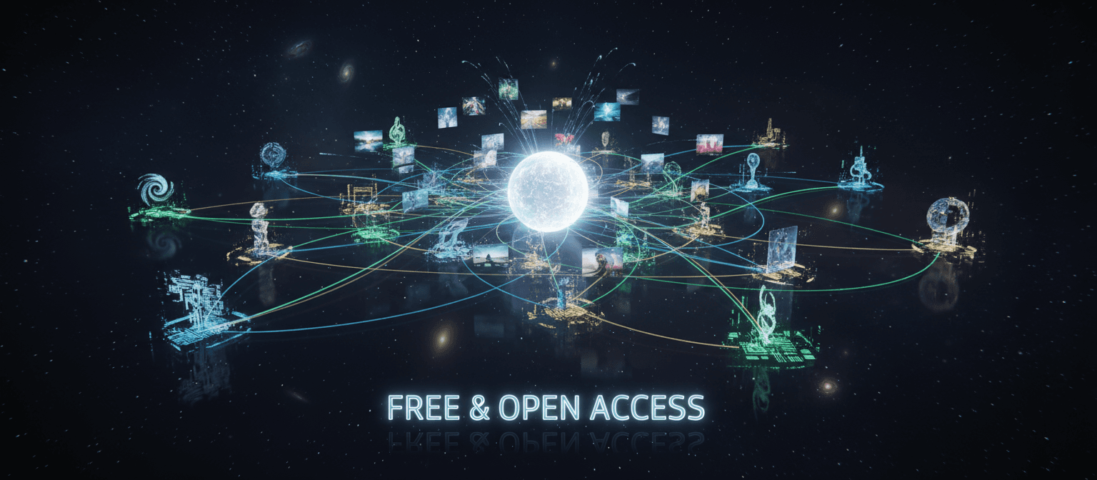 디지털 이미지를 생성하고 배포하는 빛나는 네트워크, 오픈소스 AI 예술을 상징합니다.