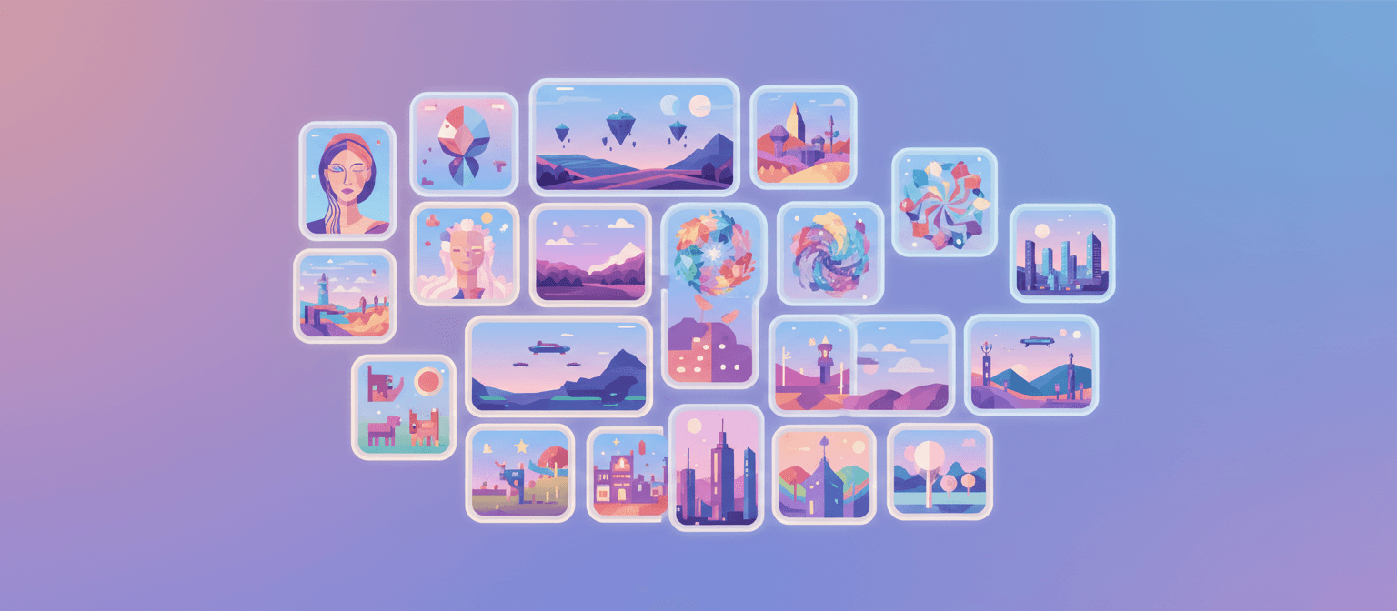 다양한 스타일의 AI 생성 이미지를 보여주는 여러 개의 작은 화면 콜라주.