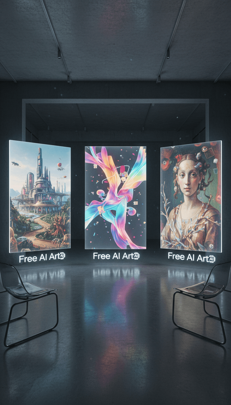 미니멀리스트 스튜디오의 홀로그래픽 디스플레이에 다양한 AI 생성 이미지가 전시되어 있습니다.