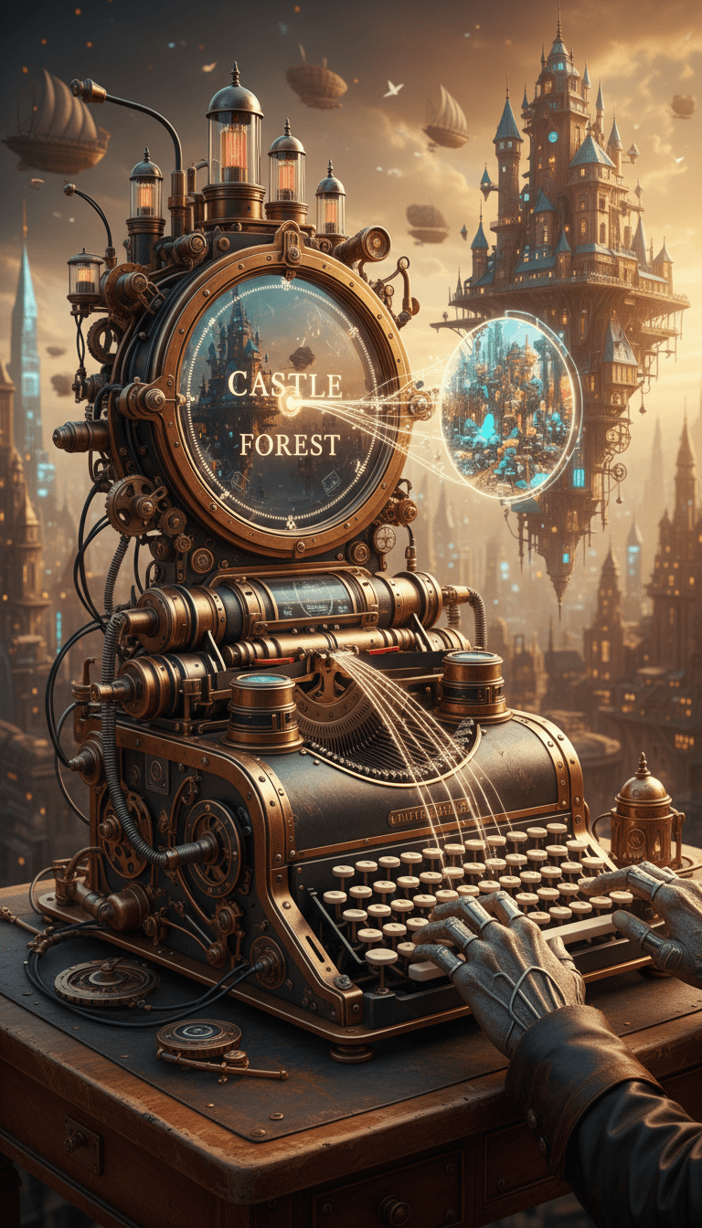 디지털 화면에 AI 이미지를 생성하는 스팀펑크 타자기.