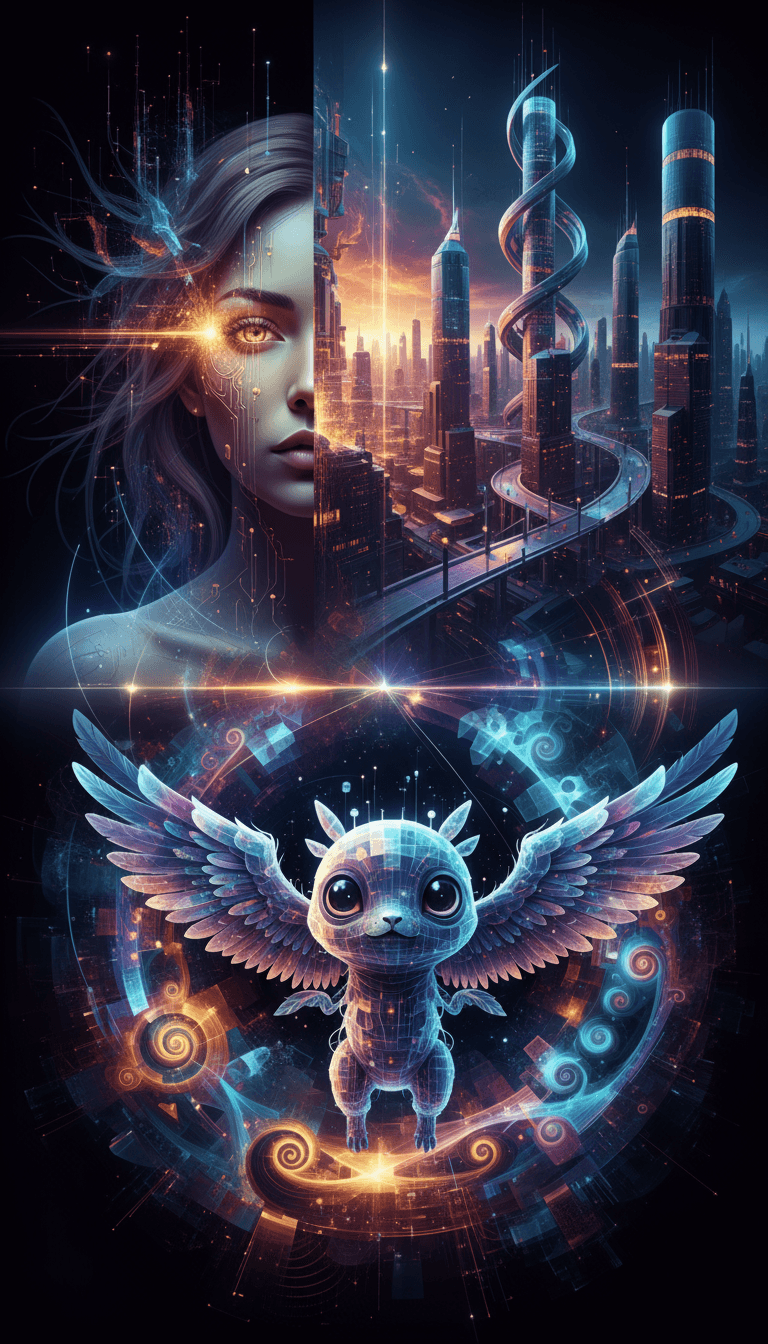 인물화, 도시 경관, 생물 등 다양한 AI 생성 이미지가 동적으로 콜라주를 이룹니다.