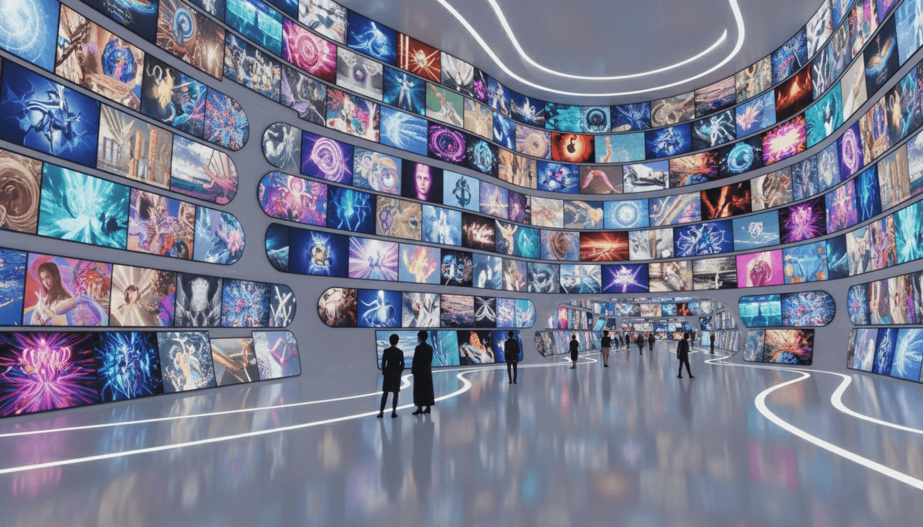 끝없이 펼쳐진 AI 생성 이미지들을 전시하는 무한한 갤러리 공간.