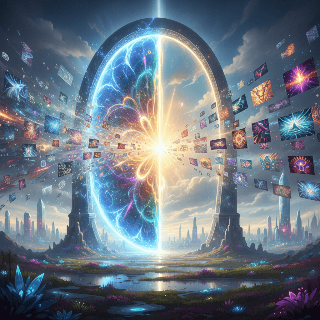 아이디어를 시각 예술로 바꾸는 마법의 포털, 무료 AI 이미지 생성을 상징합니다.