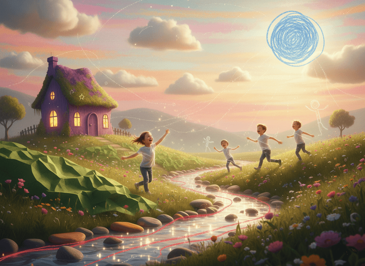 AI에 의해 포토리얼리스틱 장면으로 애니메이션된 아이들의 그림.