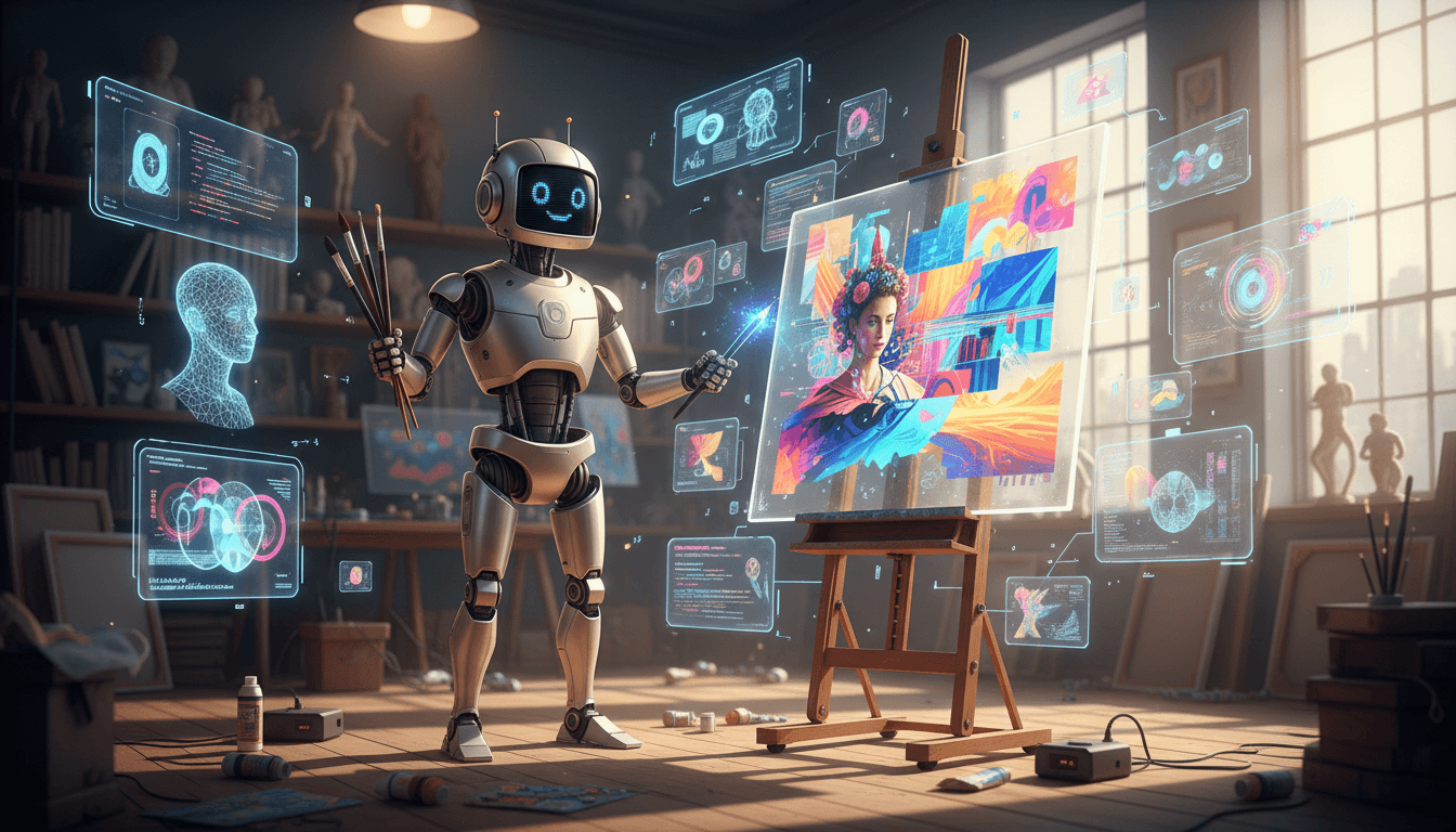 이젤에서 디지털 아트를 만드는 친근한 로봇 예술가, AI 이미지 생성을 상징합니다.