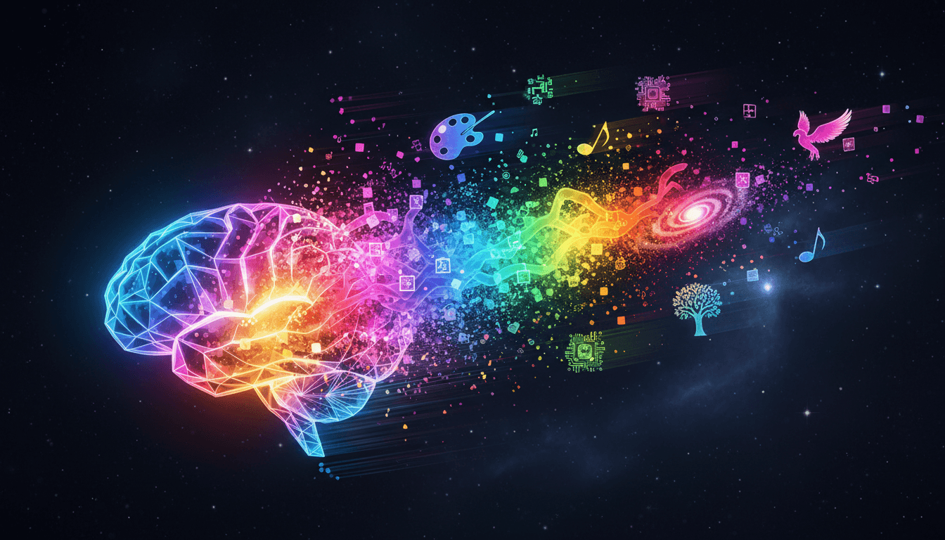 뇌 아이콘에서 뿜어져 나오는 다채로운 픽셀들이 복잡한 형태를 이루며 무한한 창의적 잠재력을 상징.