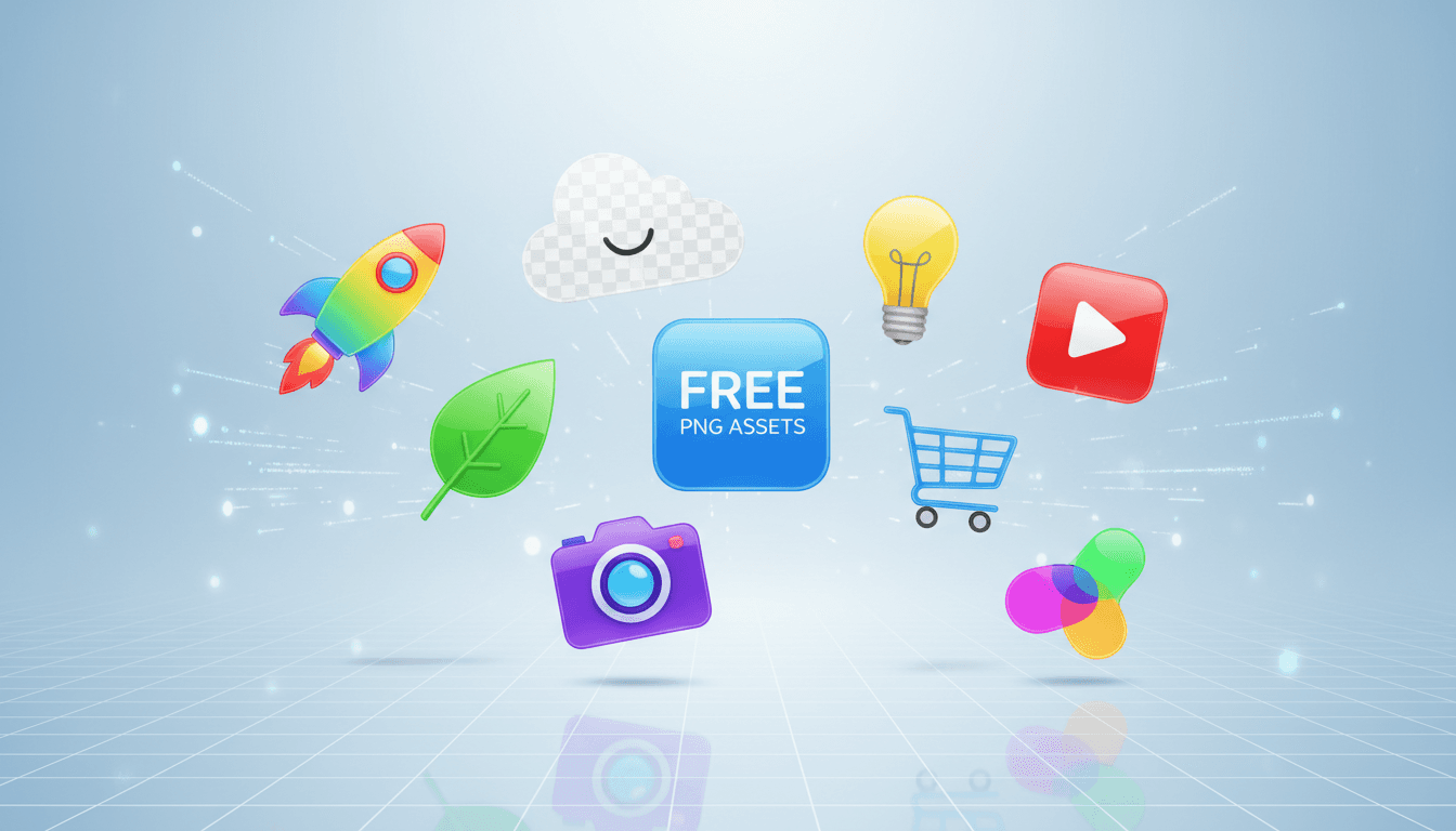 무료 PNG 자산을 상징하는 투명한 디지털 공간에 떠 있는 다채로운 플랫 디자인 아이콘 모음.