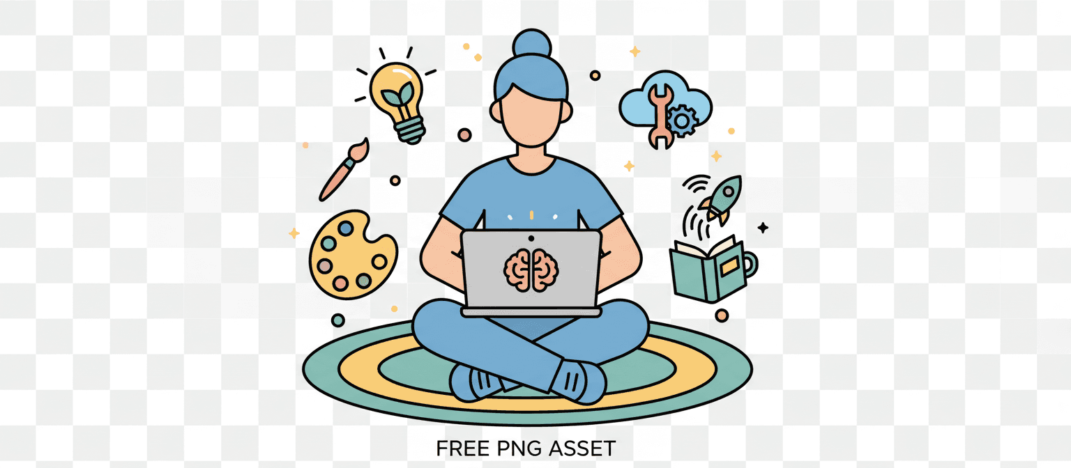 노트북으로 작업하는 사람의 플랫 디자인 벡터 일러스트레이션, 창의적인 작업 공간, 투명 배경, 무료 PNG 에셋.