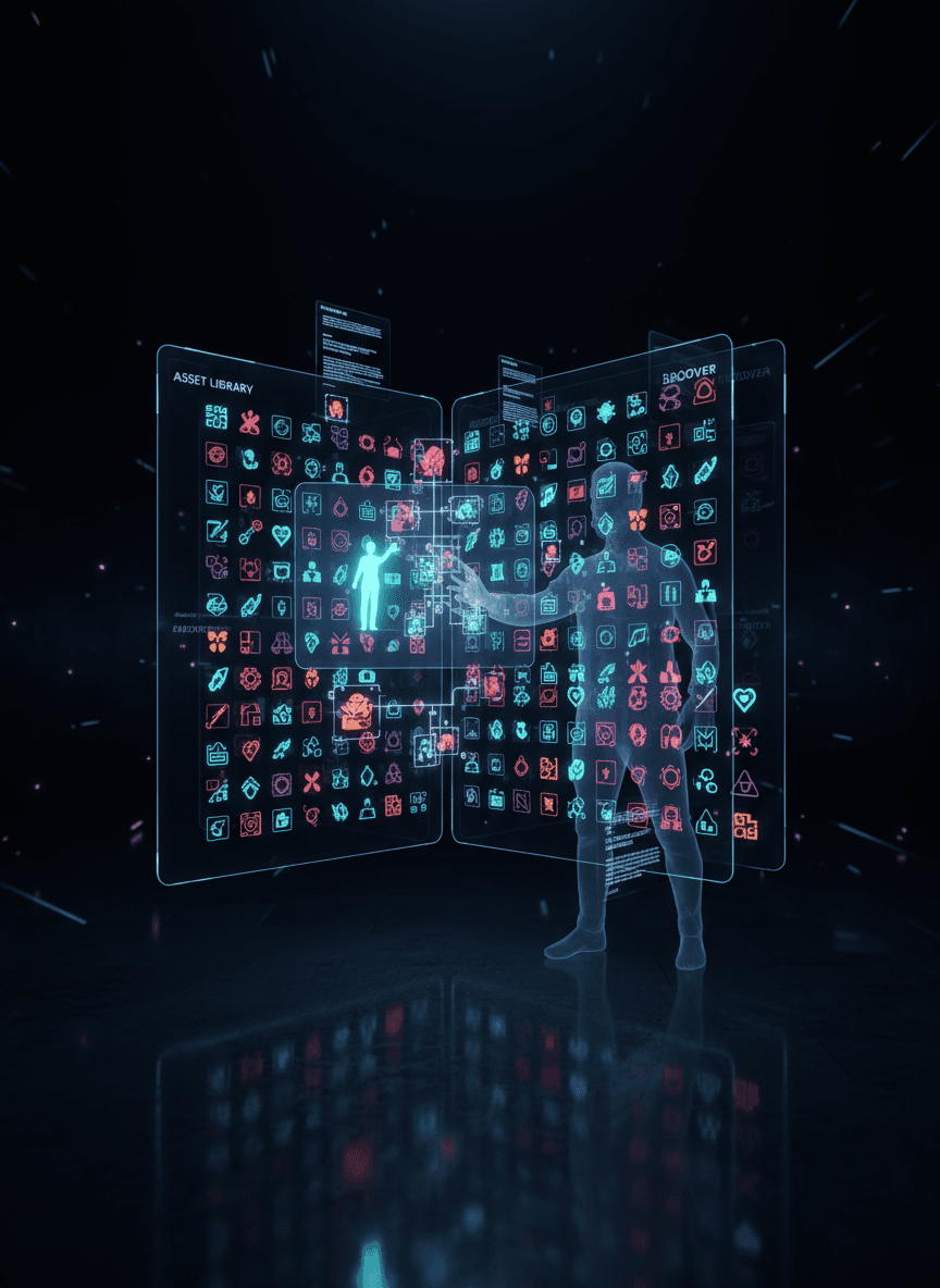 방대한 자산 라이브러리를 탐색하는 사용자를 묘사하는, 수많은 대화형 투명 무료 PNG 아이콘으로 빛나는 미래형 인터페이스.