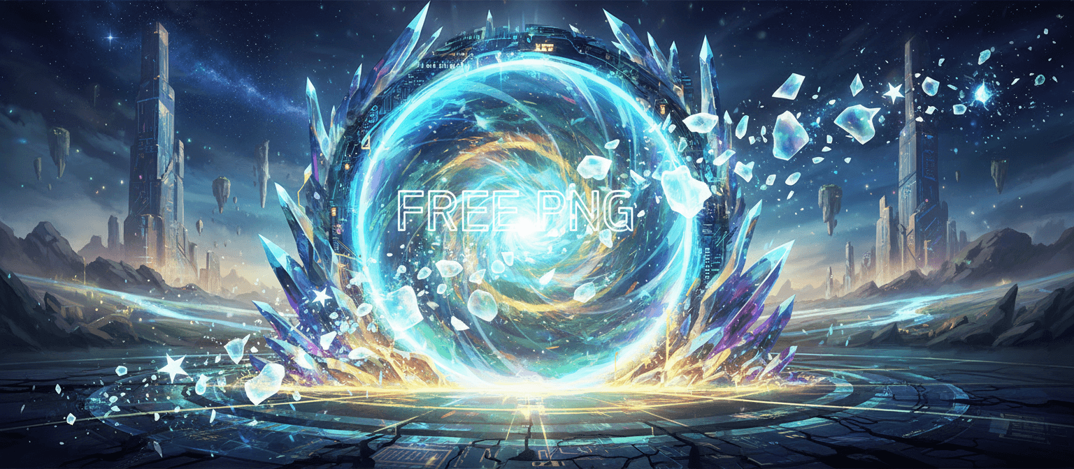 빛과 에너지로 반짝이는 디지털 포털 개념 아트, '무료 PNG'를 상징하는 추상적이고 투명한 형태들이 끊임없이 흘러나옴.