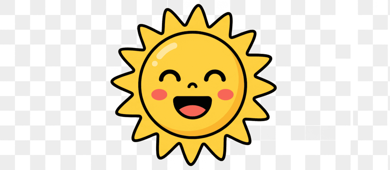 귀여운 웃는 태양 만화 캐릭터, 쾌활하고 밝음, 투명 배경, 무료 PNG 날씨 아이콘.
