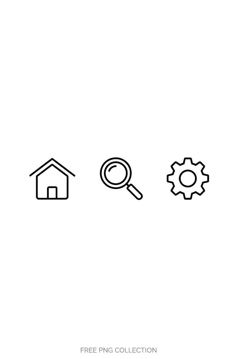 웹 내비게이션을 위한 미니멀리스트 라인 아이콘 (홈, 검색, 설정), 투명 배경, 무료 PNG 컬렉션.