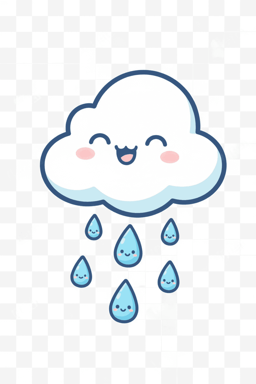 비가 내리는 귀여운 웃는 구름 만화 캐릭터, 어린이 친화적인 일러스트레이션, 투명 배경, 무료 PNG 클립아트.