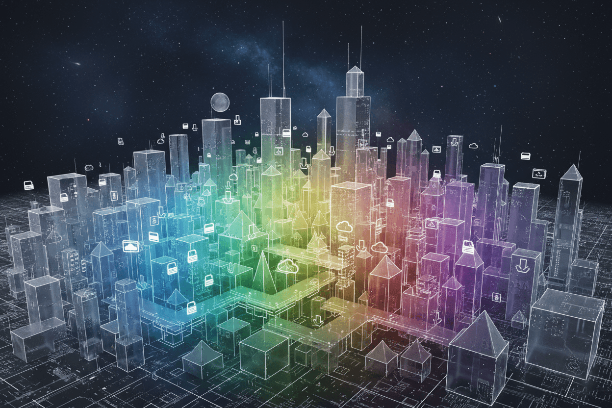 풍부한 무료 PNG 리소스를 상징하는 반투명 기하학적 형태로 이루어진 미래 도시 풍경.