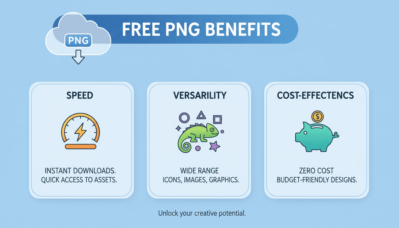 속도, 다용도성, 비용 효율성을 나타내는 아이콘으로 '무료 PNG'의 이점을 보여주는 인포그래픽.