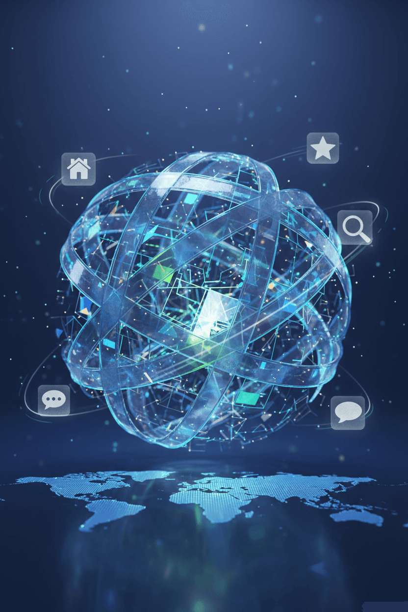 리본과 형태로 이루어진 투명한 지구본 주위를 작은 무료 PNG 아이콘(집, 별 등)이 궤도에 돌고 있음.