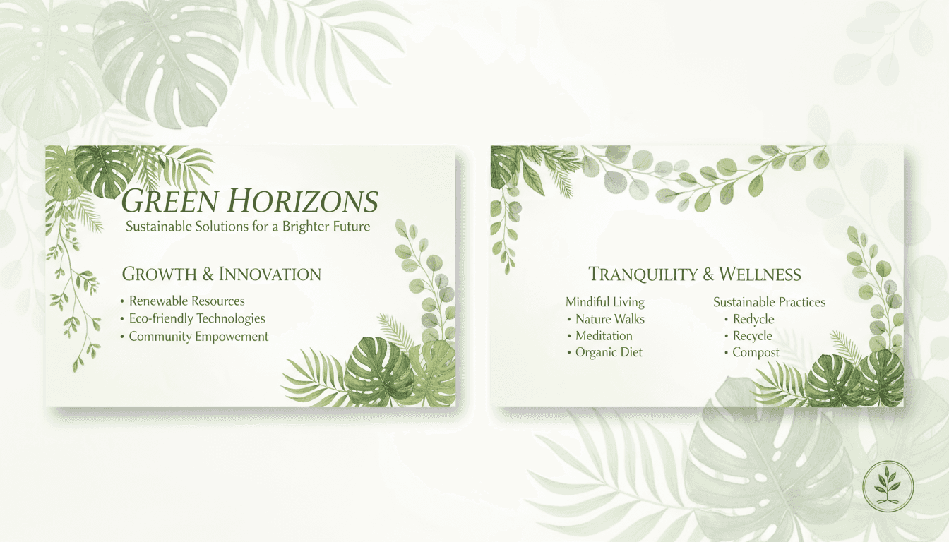 무성한 녹색 잎사귀와 부드러운 식물 삽화가 밝고 시원한 배경에 담겨 평온함과 성장을 상징하는 자연 테마 PPT 템플릿입니다.