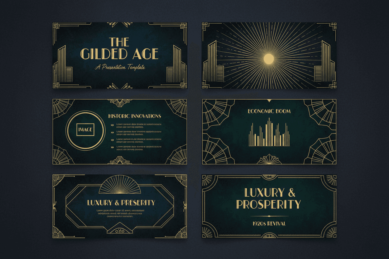 우아한 금색 선, 대칭 패턴, 풍부한 어두운 배경으로 1920년대의 웅장함을 담아낸 아르데코 스타일 PPT 템플릿입니다.
