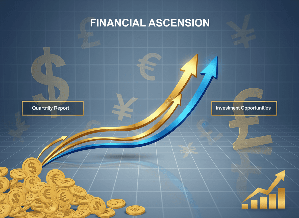 상승하는 주식 시장 그래프, 황금 동전, 통화 기호가 은은한 격자 배경과 함께 있는 금융 성장 테마 PPT 템플릿입니다.
