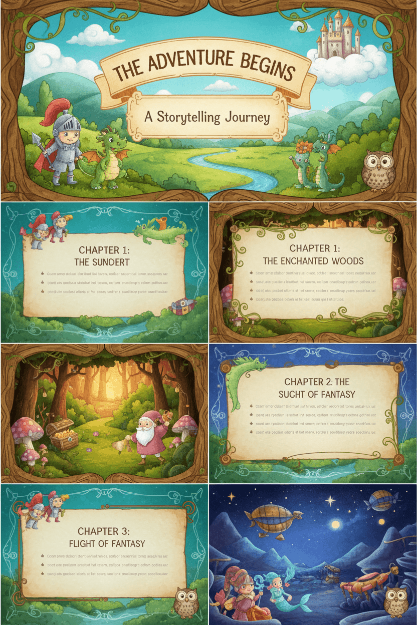 삽화된 캐릭터와 배경이 있는 기발한 스토리텔링 PPT 템플릿