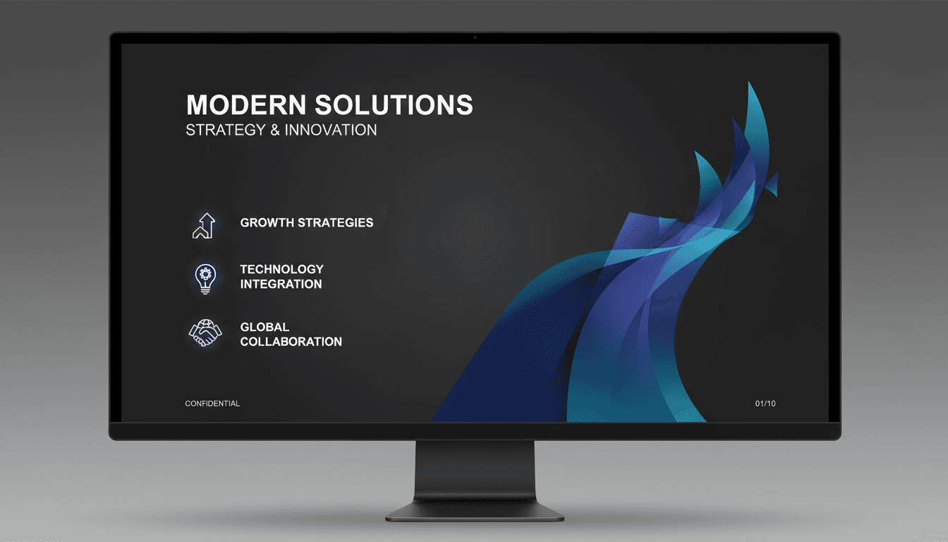 깊은 숯색 배경에 선명한 흰색 텍스트, 은은한 그라데이션 악센트, 날카로운 아이콘이 있는 미니멀한 다크 모드 PPT 템플릿입니다.